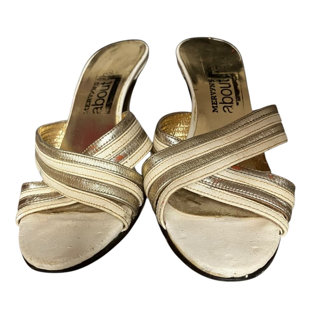 Vintage Mervyn’s About You White Strappy Heeled Mules Size 7.5 Faux Leather